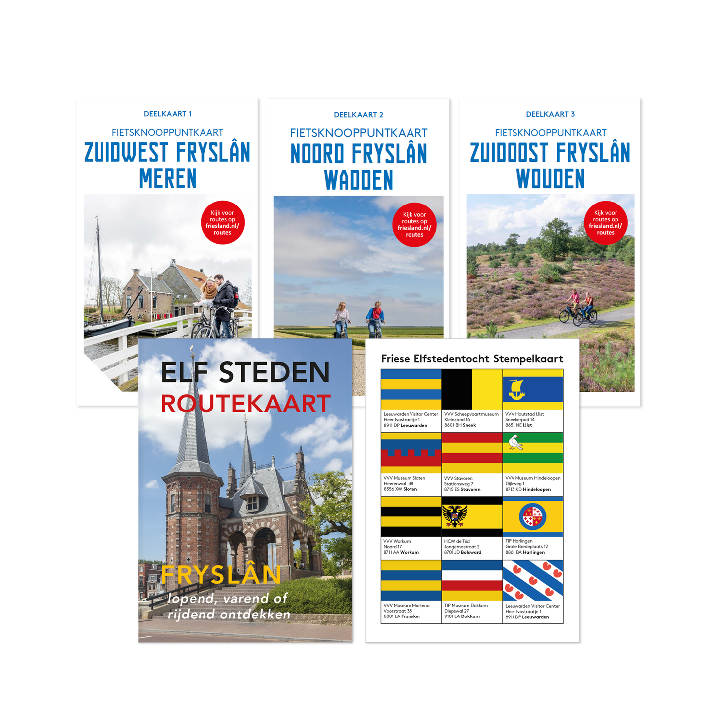 Collage van fiets- en routekaarten van Friesland, inclusief Fietsknooppuntkaarten Zuidoost Fryslân Wouden, Noord Fryslân Wadden en Zuidwest Fryslân Meren, Elf Steden routekaart en Friese Elfsteden stempelkaart, met beelden van fietsers en landschap