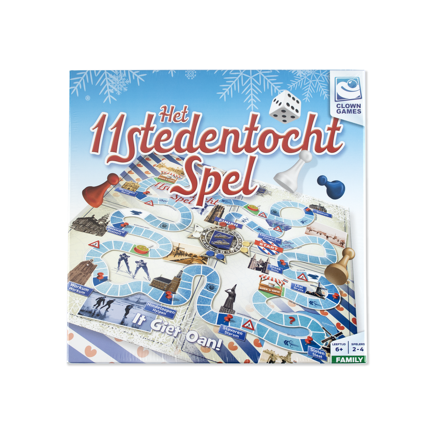 Doos van Het 11stedentocht Spel van Clown Games met een spelbord waarop een route langs Elfstedendorpen te zien is, inclusief pionnen, dobbelsteen en de tekst 'It Giet Oan!'