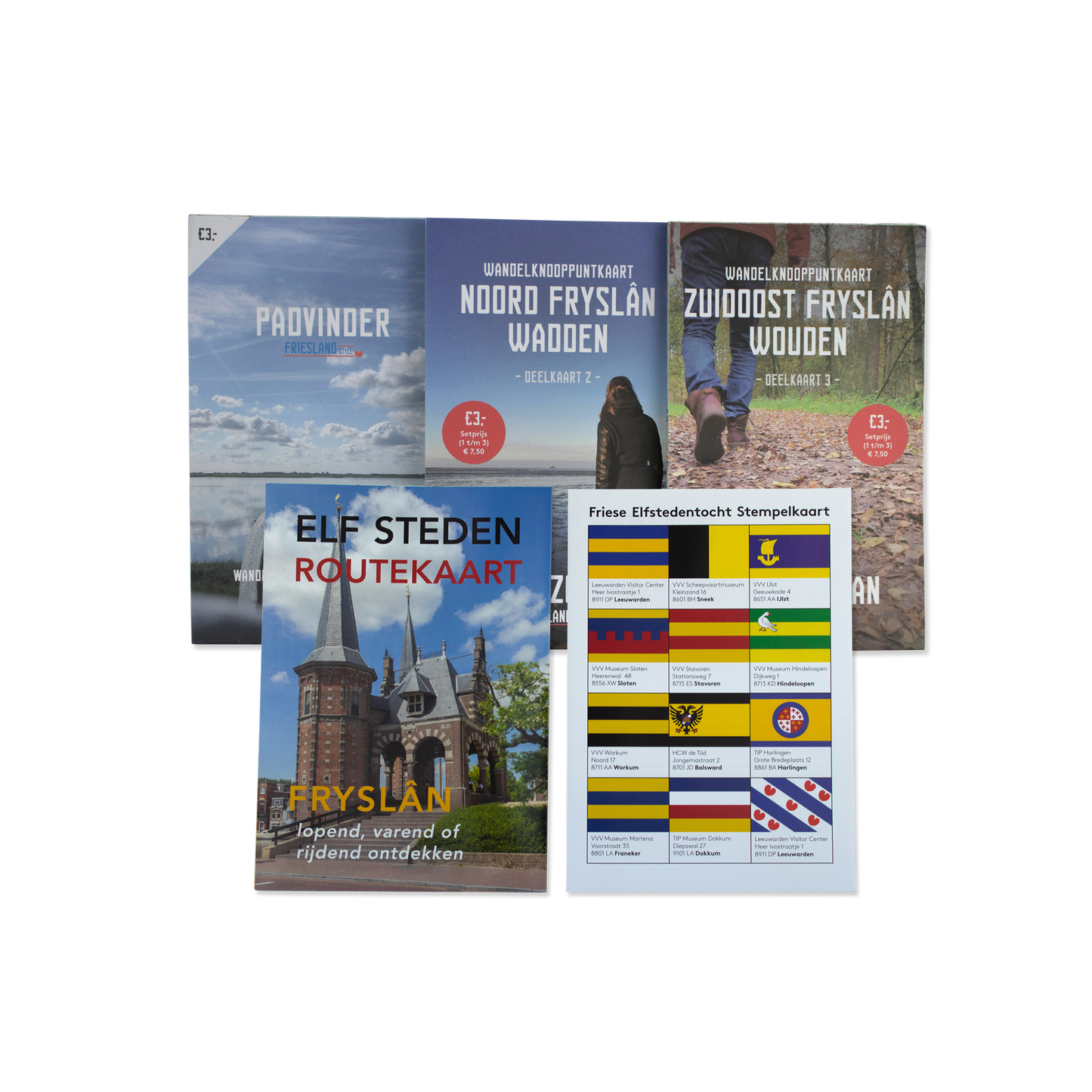 Bundel van drie wandelkaarten, Elfstedenroutekaart en stempelkaart