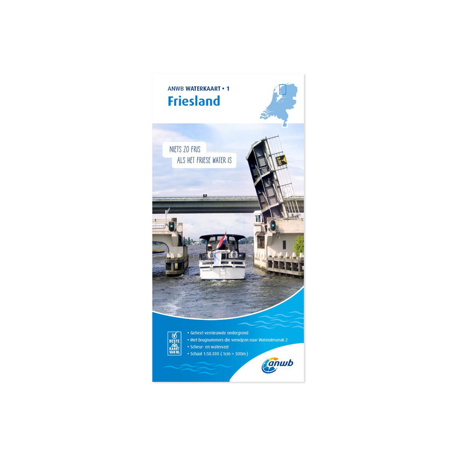 ANWB Waterkaart Friesland met een motorboot die door een geopende brug vaart