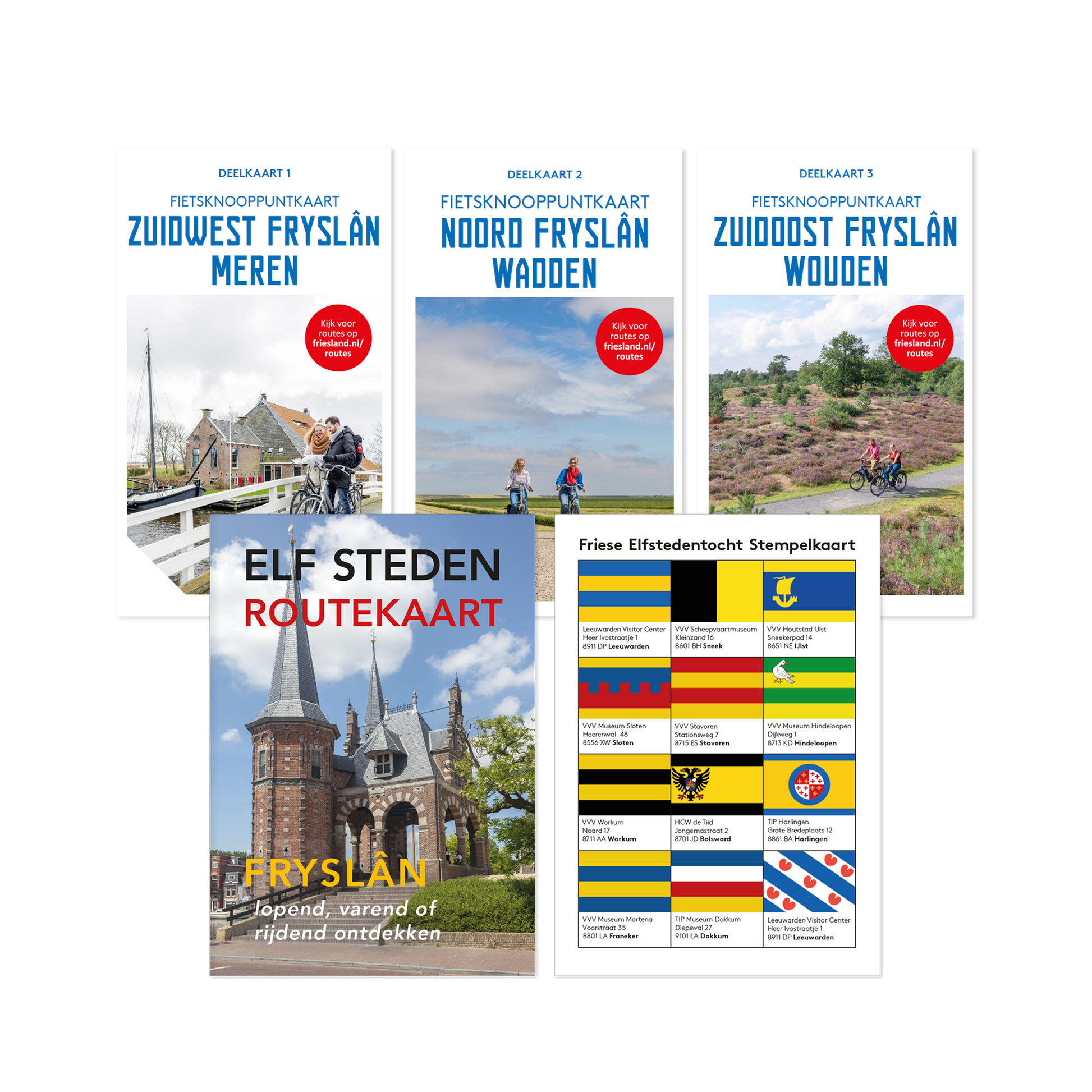 Collage van fiets- en routekaarten van Friesland, inclusief Fietsknooppuntkaarten Zuidoost Fryslân Wouden, Noord Fryslân Wadden en Zuidwest Fryslân Meren, Elf Steden routekaart en Friese Elfsteden stempelkaart, met beelden van fietsers en landschap