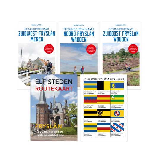 Collage van fiets- en routekaarten van Friesland, inclusief Fietsknooppuntkaarten Zuidoost Fryslân Wouden, Noord Fryslân Wadden en Zuidwest Fryslân Meren, Elf Steden routekaart en Friese Elfsteden stempelkaart, met beelden van fietsers en landschap