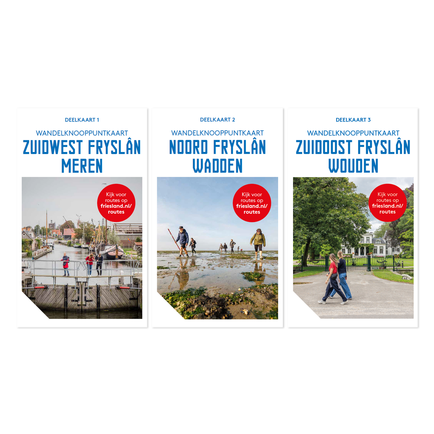 Drie Wandelknooppuntkaarten van Friesland: Zuidwest Fryslân Meren met voetgangers op een brug, Noord Fryslân Wadden met wandelaars door modderig wad en Zuidoost Fryslân Wouden met mensen wandelend in een park.