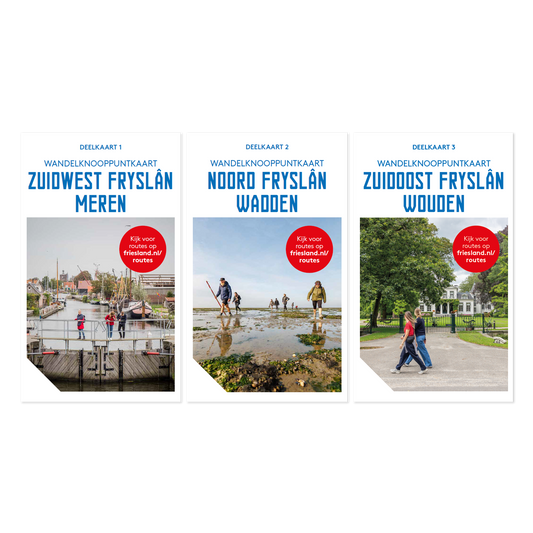 Drie Wandelknooppuntkaarten van Friesland: Zuidwest Fryslân Meren met voetgangers op een brug, Noord Fryslân Wadden met wandelaars door modderig wad en Zuidoost Fryslân Wouden met mensen wandelend in een park.