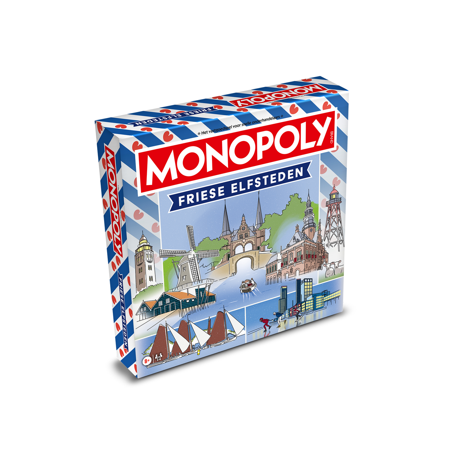 Monopoly bordspel Friese Elfsteden met illustraties van Friese steden, molen en schaatsers op de doos