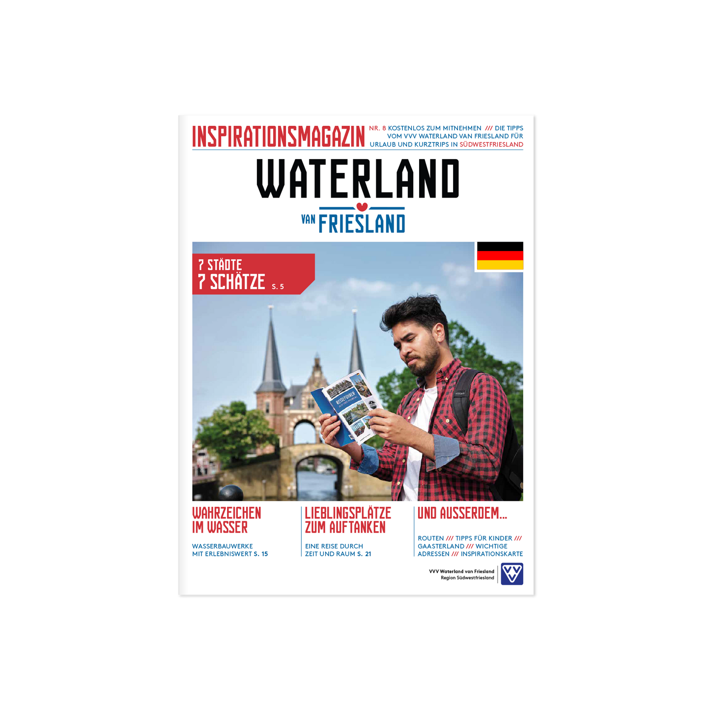 Voorpagina van het Duitse Inspiratiemagazine Waterland van Friesland met een man die een magazine bekijkt bij de Waterpoort in Sneek