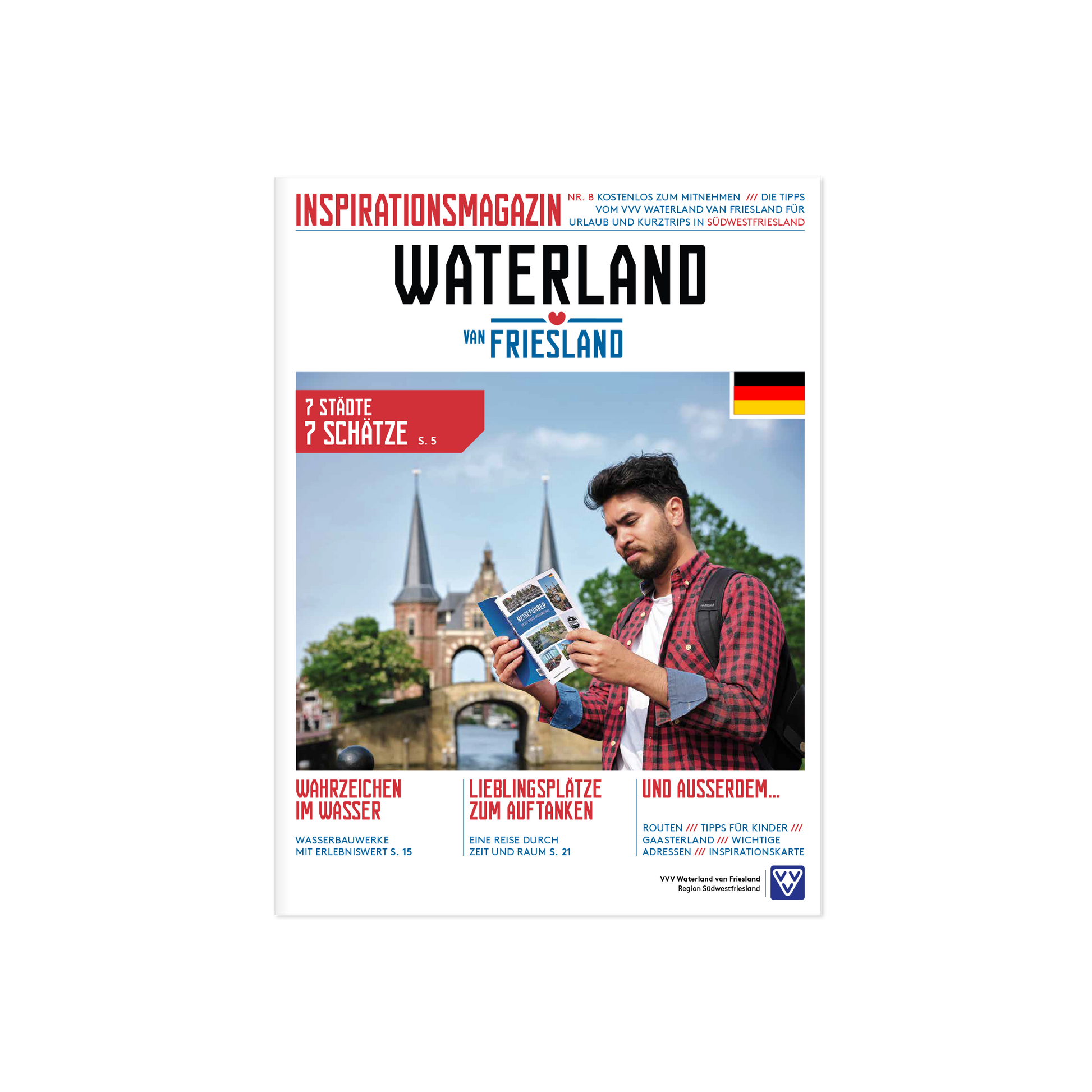 Voorpagina van het Duitse Inspiratiemagazine Waterland van Friesland met een man die een magazine bekijkt bij de Waterpoort in Sneek