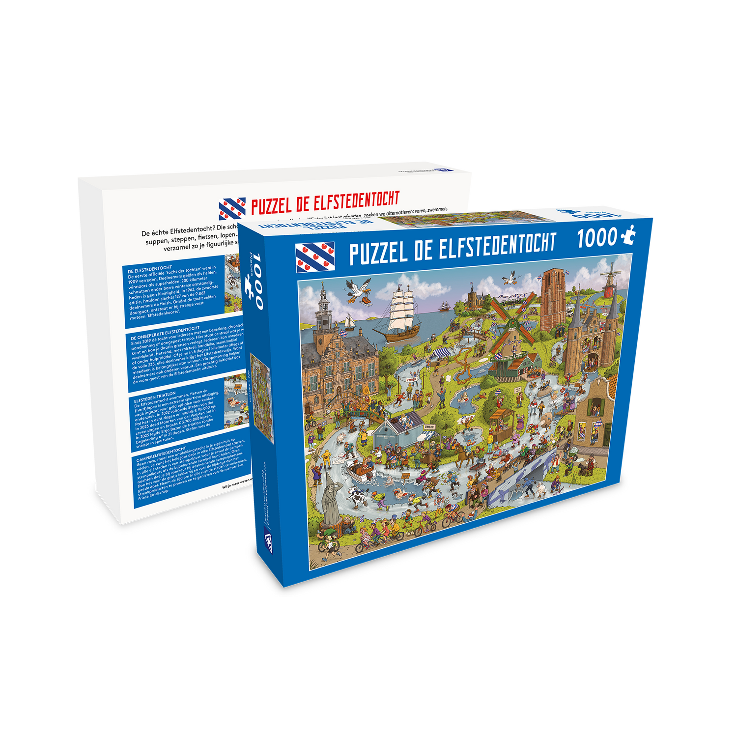 Voorkant en achterkant doos van de puzzel met illustratie van Friese dorpen water en schaatsers