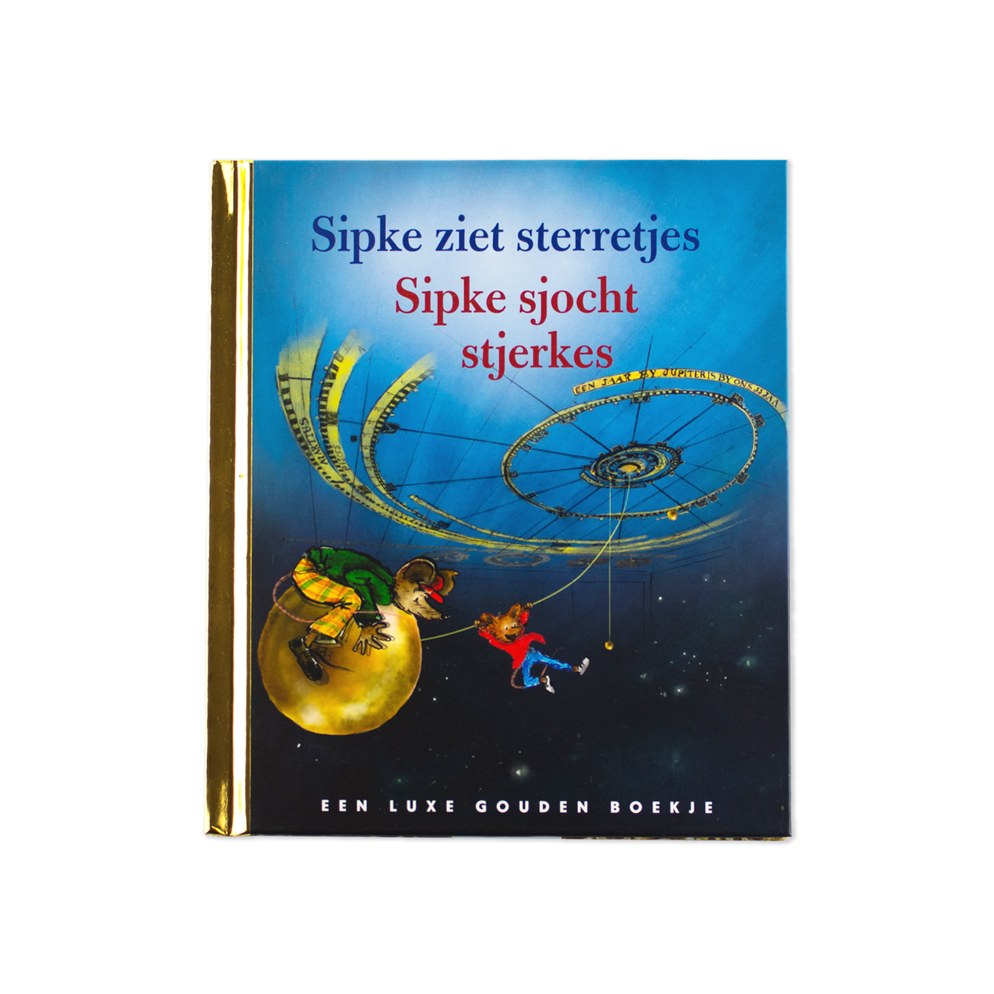 Boek met illustratie van twee muizen bij het planetarium in Franeker, met sterren en nachtelijke sfeer op de omslag