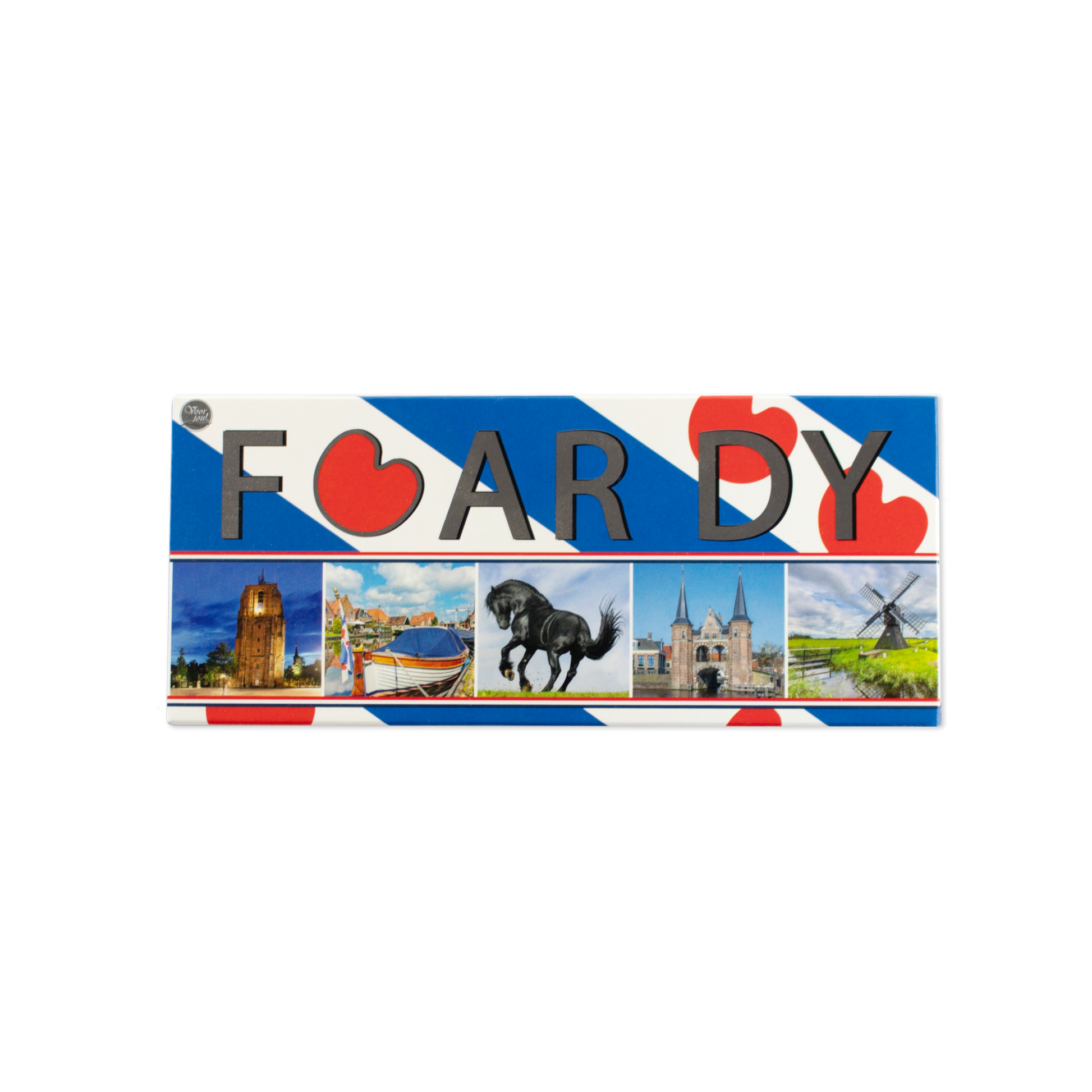 verpakking met tekst FOAR DY en afbeeldingen van Friese iconen zoals een paard, molen, boot en historische gebouwen