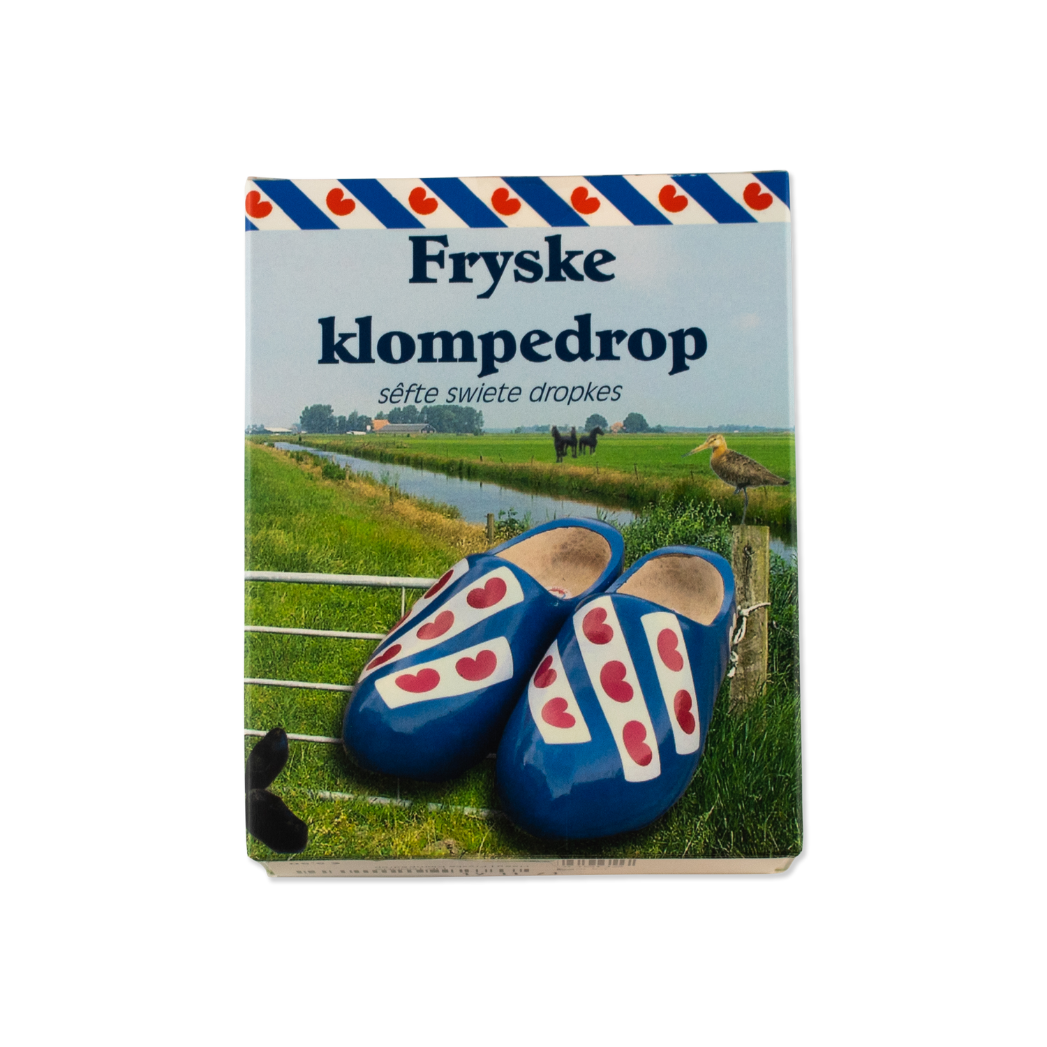 Doosje Fryske klompedrop met een afbeelding van blauwe Friese klompen in een groen weidelandschap 